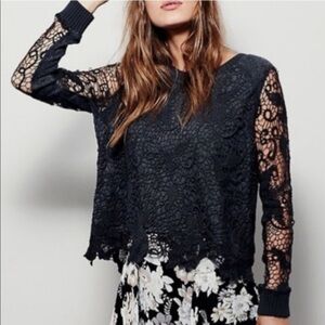 Free People “Pretty Rad” Sweater Gray Lace Crochet Split Back Knit